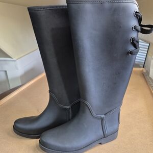 Coach Matte Black Lace-Up Back Rain Boots